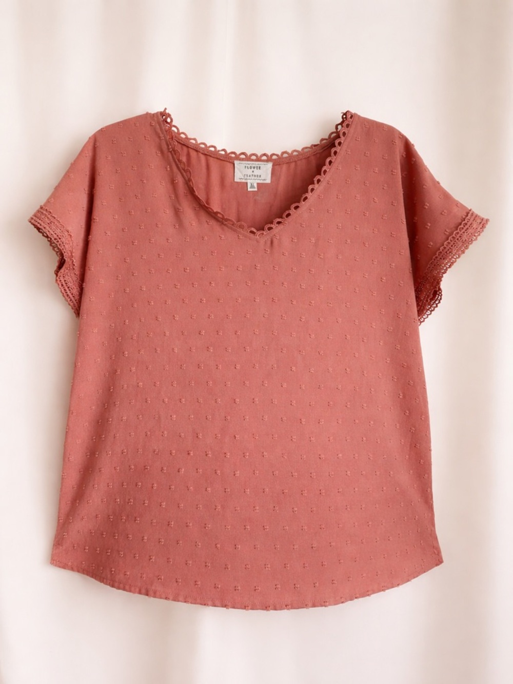 Flower & Feather‎ Dusty Rose Swiss Dot Lace Trim Blouse XL Boho Romantic Top